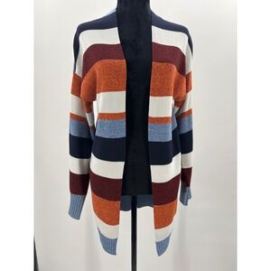 Striped Open Front Cardigan Sweater Long Sleeve Blue Orange White Burgundy Large